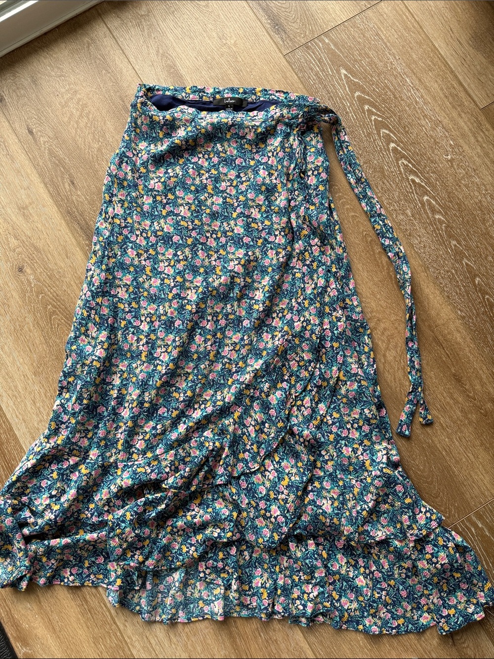 Lulu's Teal Floral Tie-Waist Midi Skirt with Ruffle Hem